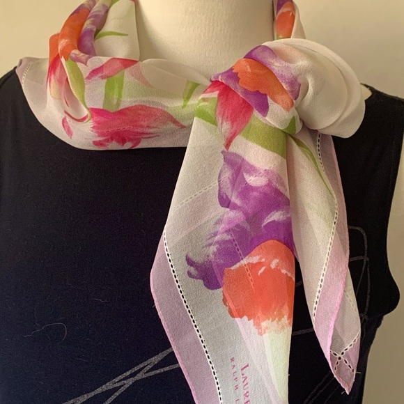 Ralph Lauren Silk Scarf Chiffon Soft Delicate Floral Embroidered 32" Vintage - Picture 4 of 12